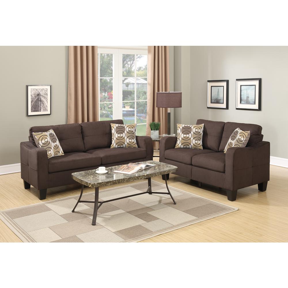 Poundex 2 Piece Sofa and Loveseat Set in Chocolate Fabric, Sofa 72" W x 32" D x 35" H, Loveseat 58" W x 32" D x 35" H, Package Weight 88. Picture 6