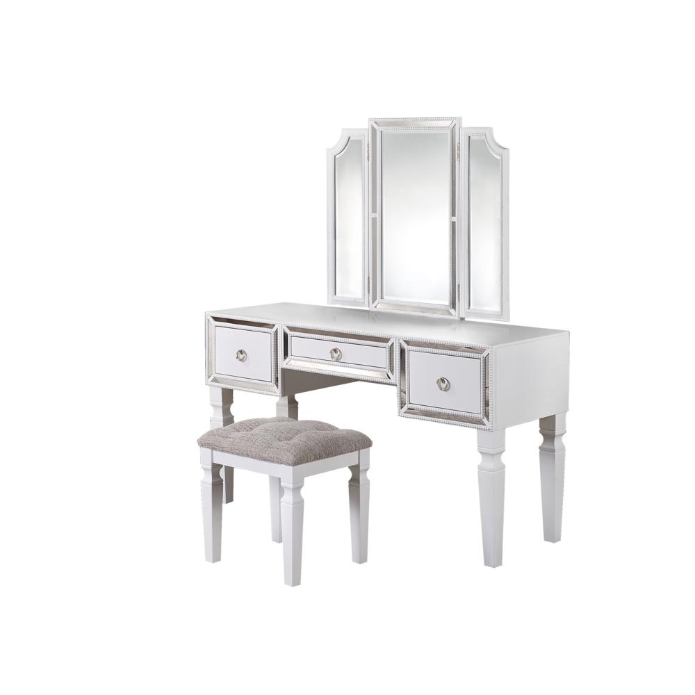Poundex Wooden Makeup Vanity Set with Tri-fold Mirror and Stool - White, 54" W x 19" D x 60" H, Package Weight 114. Picture 2