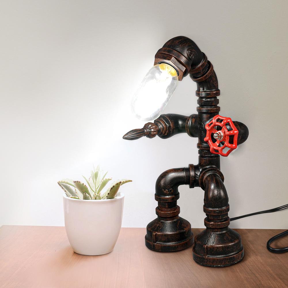 Rompot 12" Industrial table lamp for Boys Steampunk Lamp Cool and Cute iron water pipe desk lamp for Office,Bedroom,Living Room Copper. Picture 9