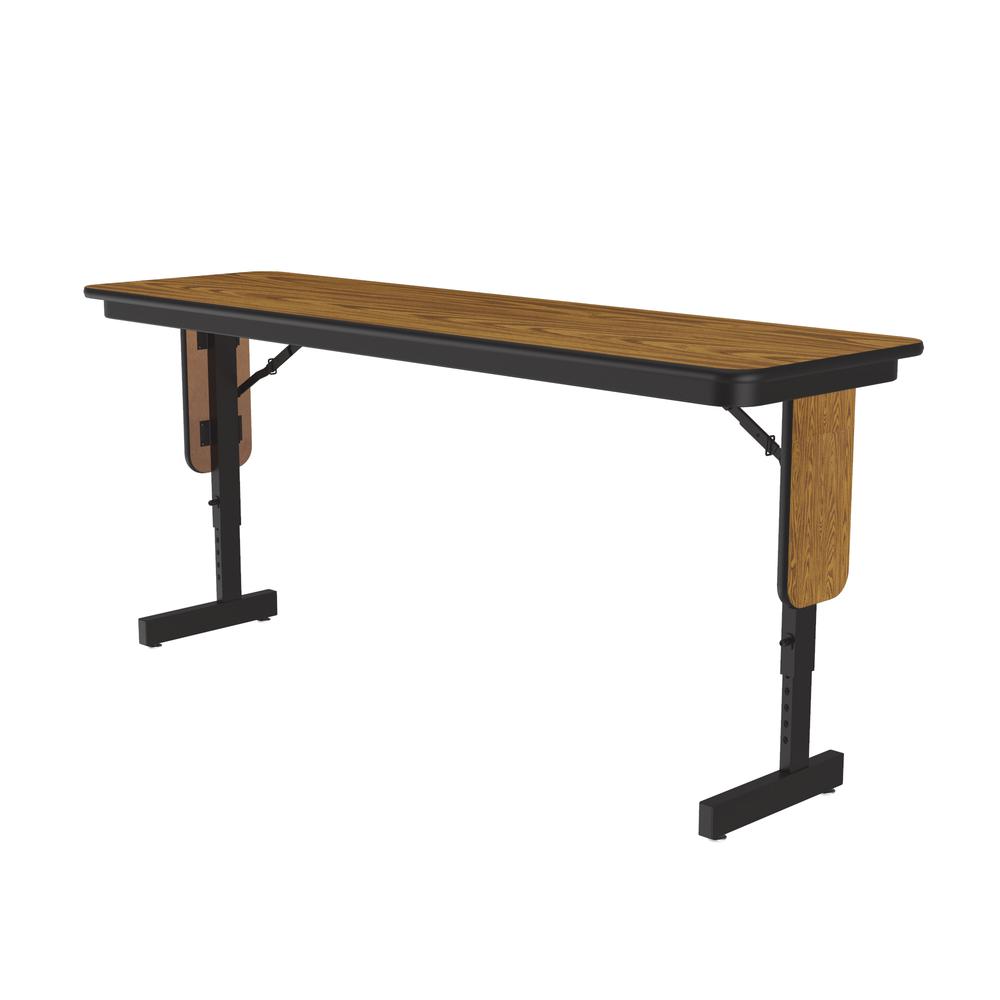 Adjustable Height Commercial Laminate Folding Seminar Table with Panel Leg 18x60", RECTANGULAR MEDIUM OAK  BLACK. Picture 7