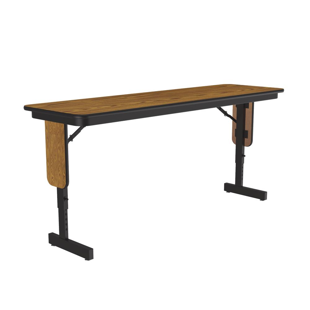 Adjustable Height Commercial Laminate Folding Seminar Table with Panel Leg 18x60", RECTANGULAR MEDIUM OAK  BLACK. Picture 8