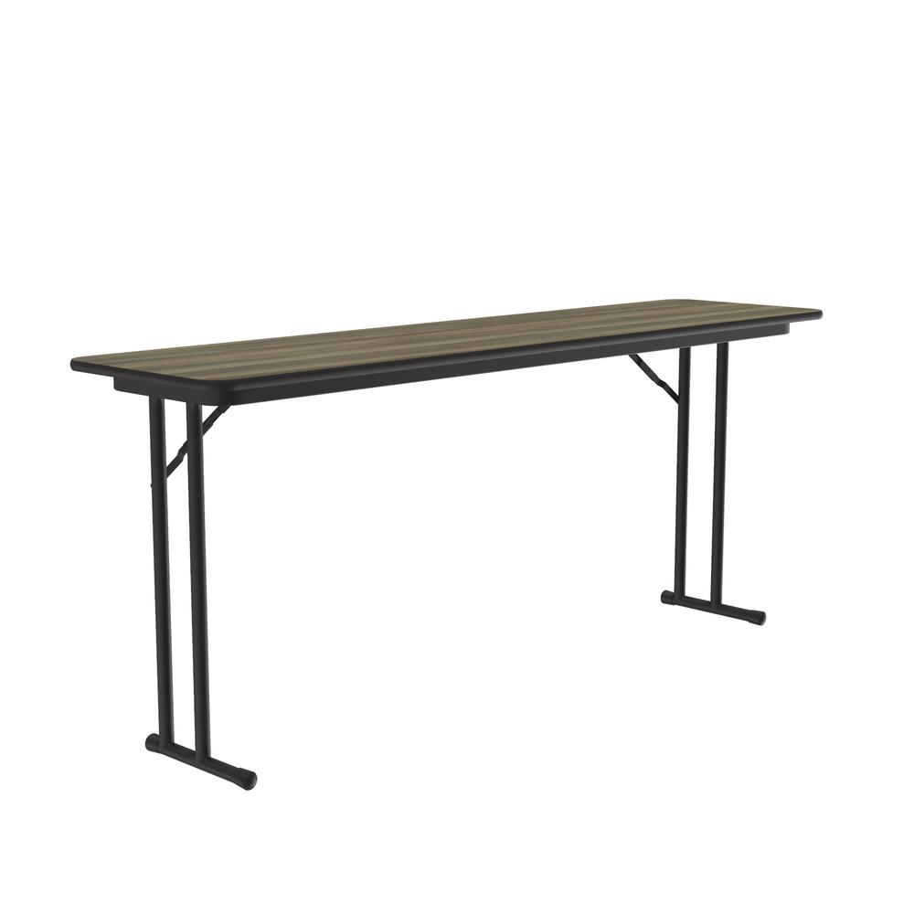 Deluxe High-Pressure Folding Seminar Table with Off-Set Leg, 18x72" RECTANGULAR COLONIAL HICKORY, BLACK. Picture 1