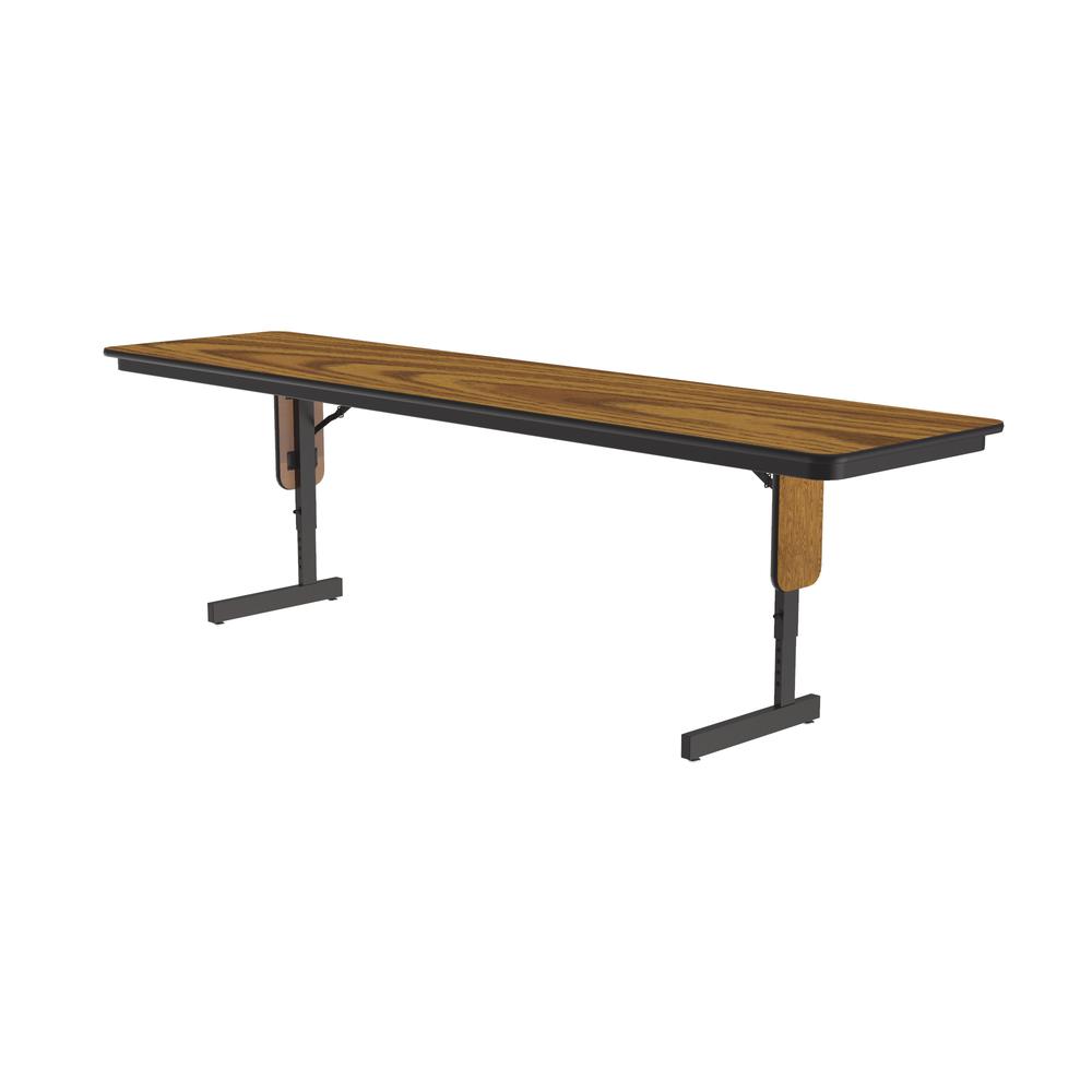 Adjustable Height Commercial Laminate Folding Seminar Table with Panel Leg, 24x60", RECTANGULAR MEDIUM OAK  BLACK. Picture 3