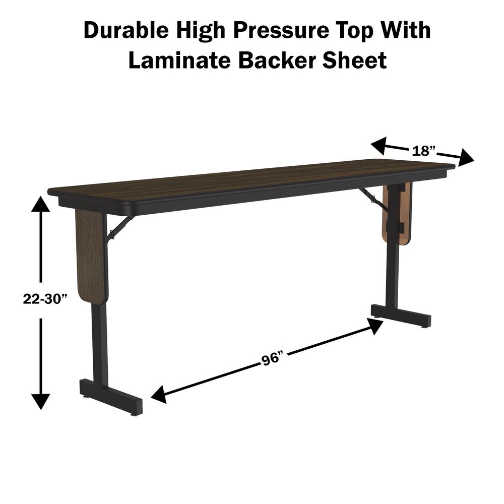 Adjustable Height Commercial Laminate Folding Seminar Table with Panel Leg, 18x96" RECTANGULAR, WALNUT BLACK. Picture 2