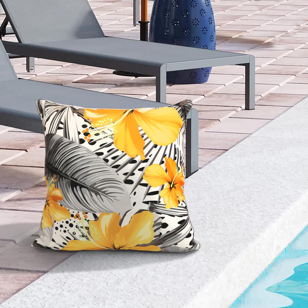 Sunny Citrus Outdoor Large Tropical Flowers Printed Pillow 24 x 24 in White. Picture 4