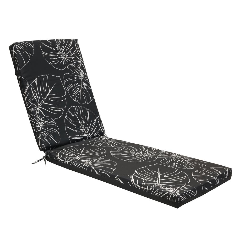 Ebony Outdoor Leaf Printed Lounger Cushion 22 x 71 in Black. Picture 1
