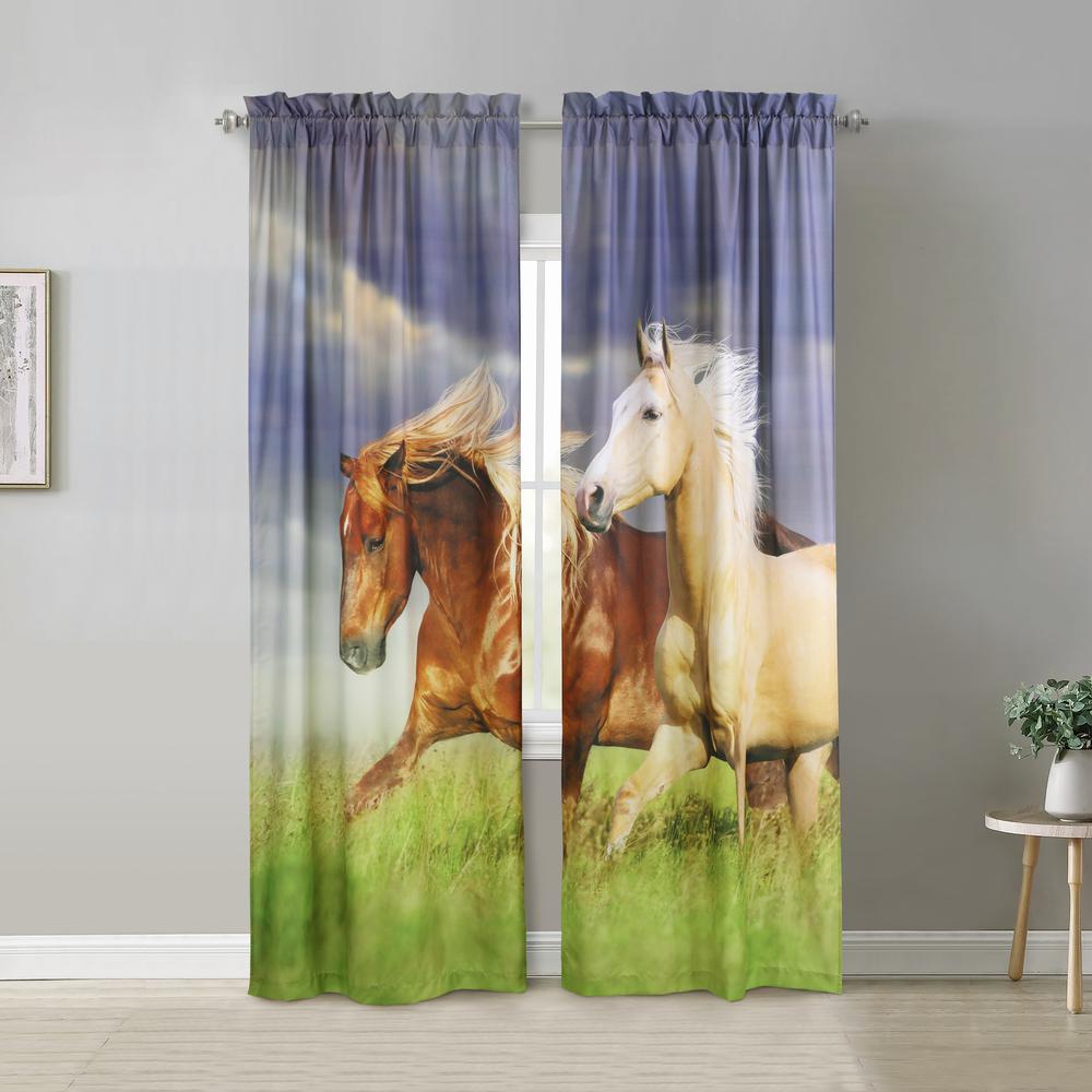 Photo Real Horses Light Filtering Pole Top Curtain Panel Pair each 37 x 84. Picture 1