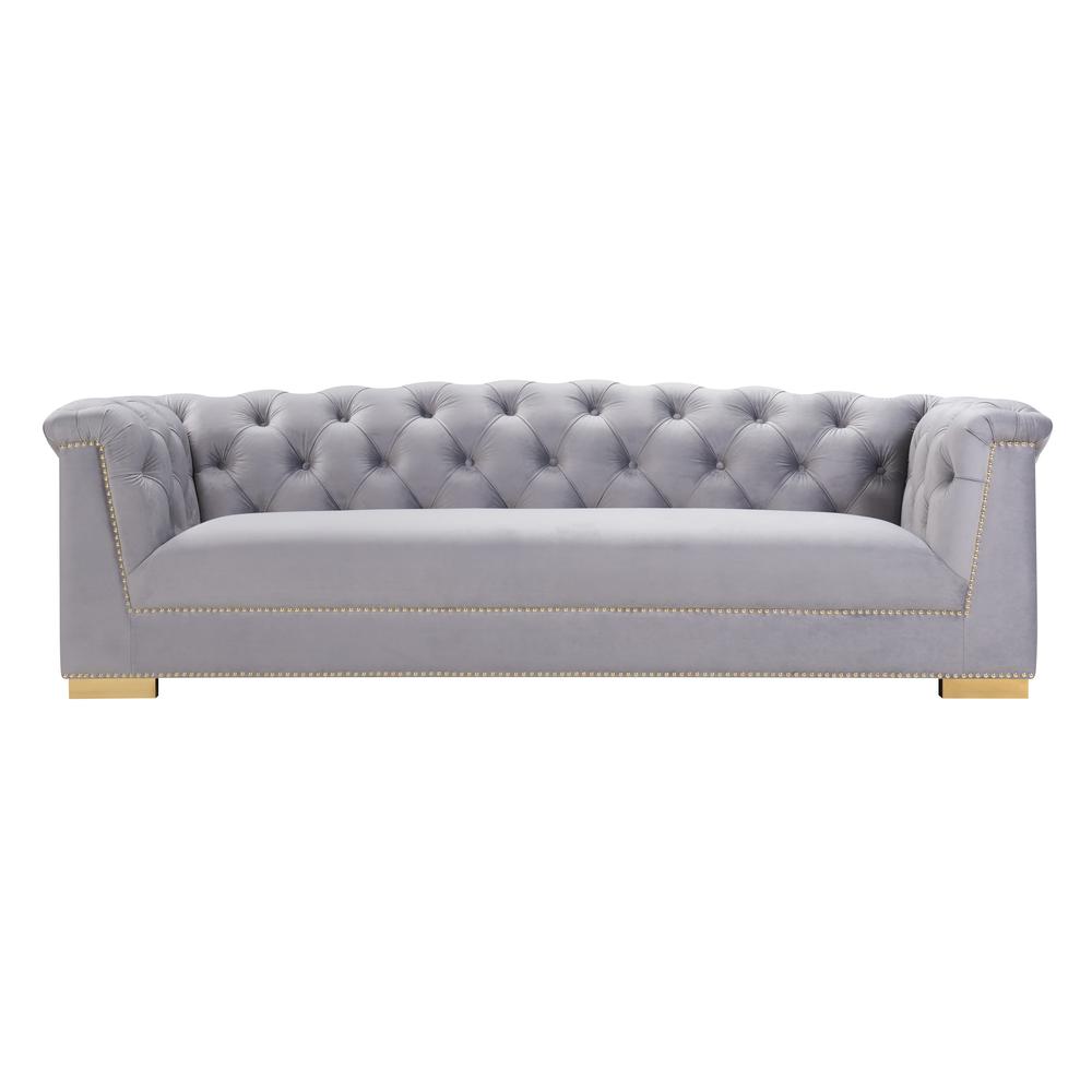 Contemporary Velvet Tufted Sofa with Gold Nailhead Trim, Belen Kox. Picture 2