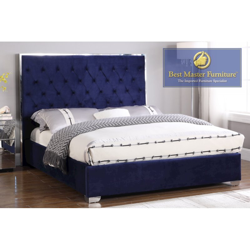 Best Master Kressa Velour Fabric Tufted East King Platform Bed in Blue. Picture 2