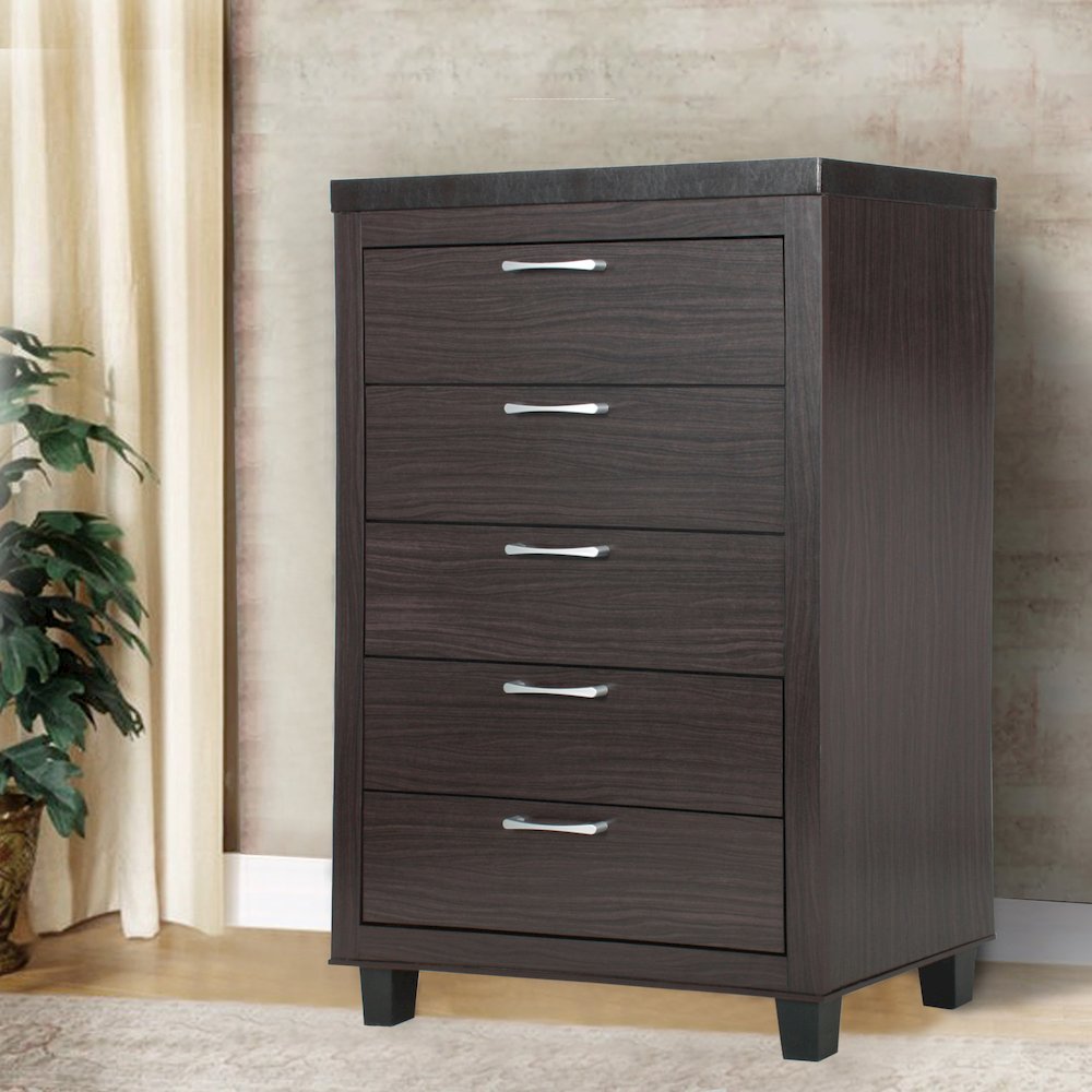 Better Home Products Elegant 5 Drawer Chest of Drawers for Bedroom in Tobacco. Picture 6