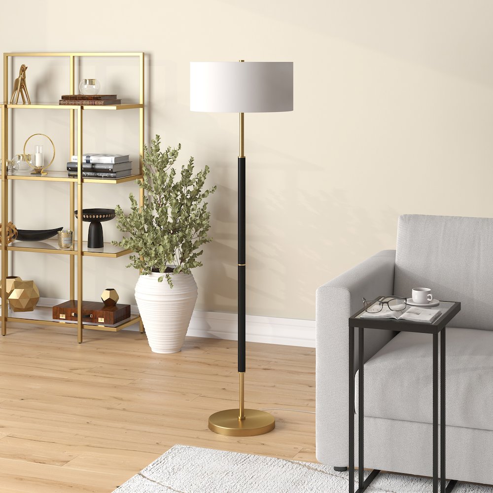 Simone 2-Light Floor Lamp with Fabric Shade in Matte Black/Brass/White. Picture 8