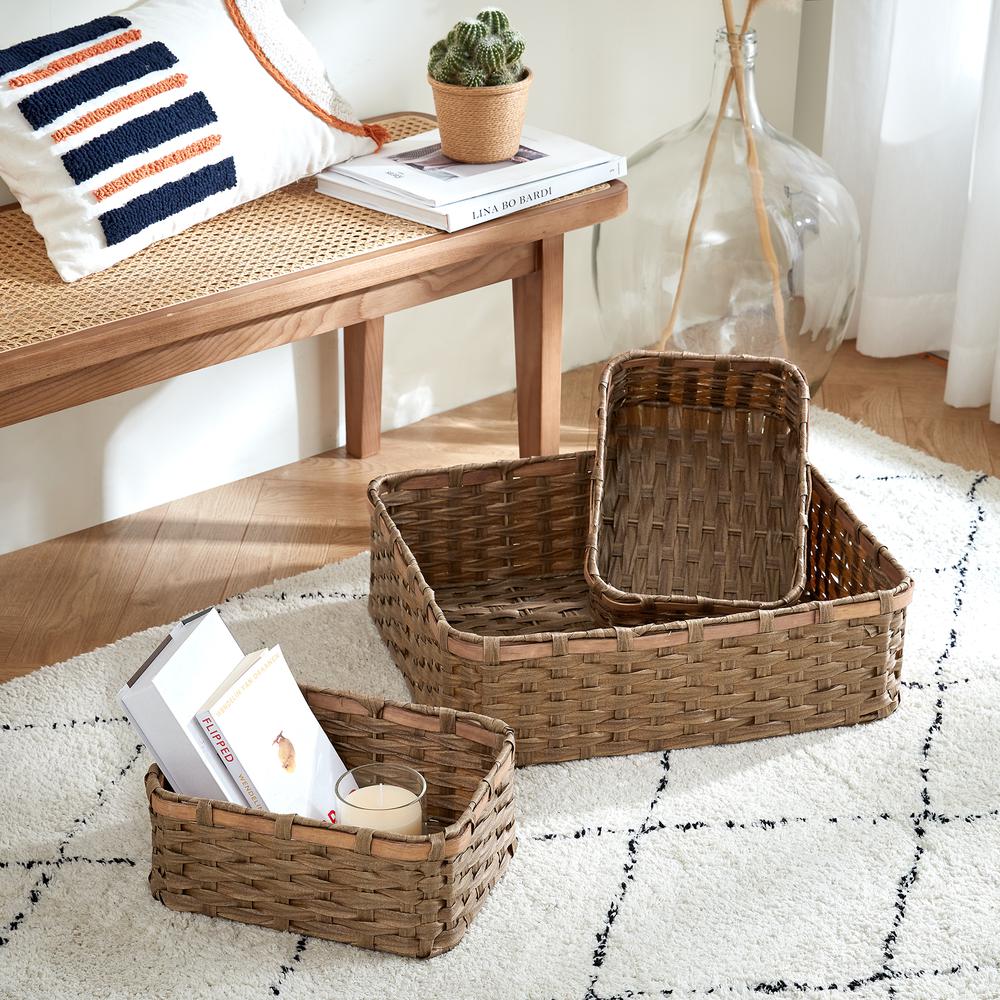 Set of Three Rectangle Faux Wicker Storage Basket with Woodstrip Edge - Tan. Picture 3
