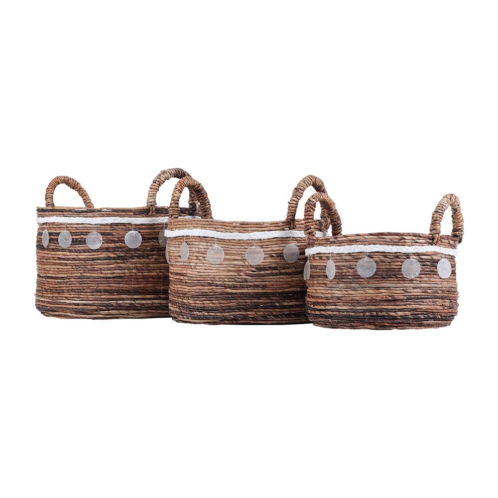 Set Of Three Twisted Dark Banana Storage Bins With Capiz Accents And Ear Handles. Picture 1