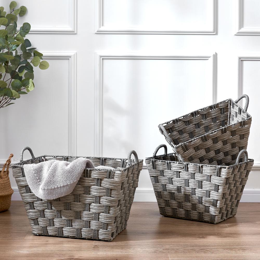 Set Of Three Rectangular Faux Wicker Storage Bins In Combo Weave Grey. Picture 5