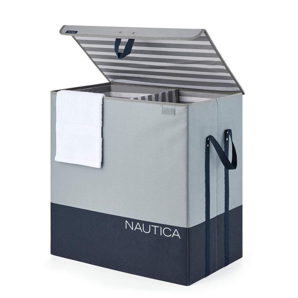 Nautica Foldable Divided Hamper with Lid - Grey Block. Picture 3