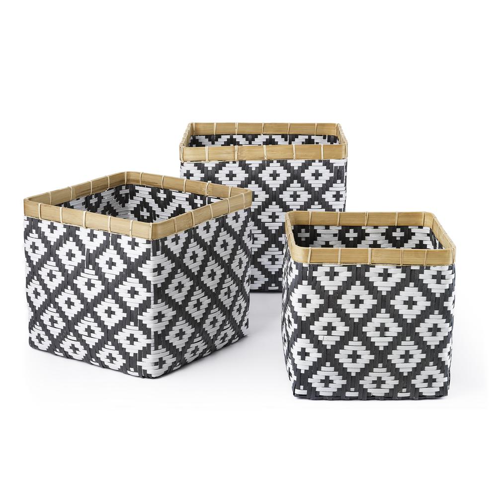Set Of Three Square Bamboo Baskets - No Handles - Natural Rim. Picture 1
