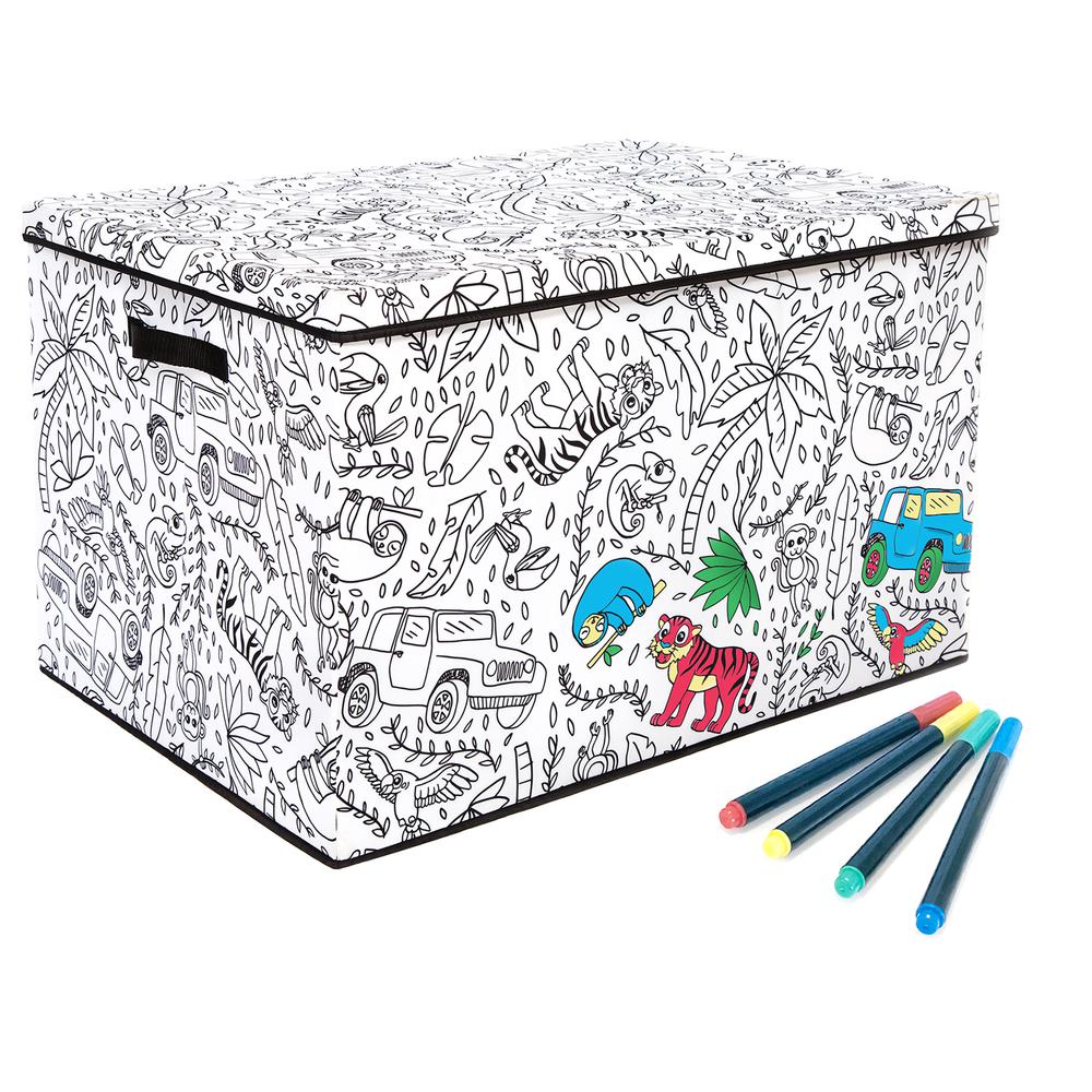 Kid's Coloring Large Trunk with Lid and Removable Divider (includes 4 Pack Of Washable Markers) - Jungle Print. Picture 1