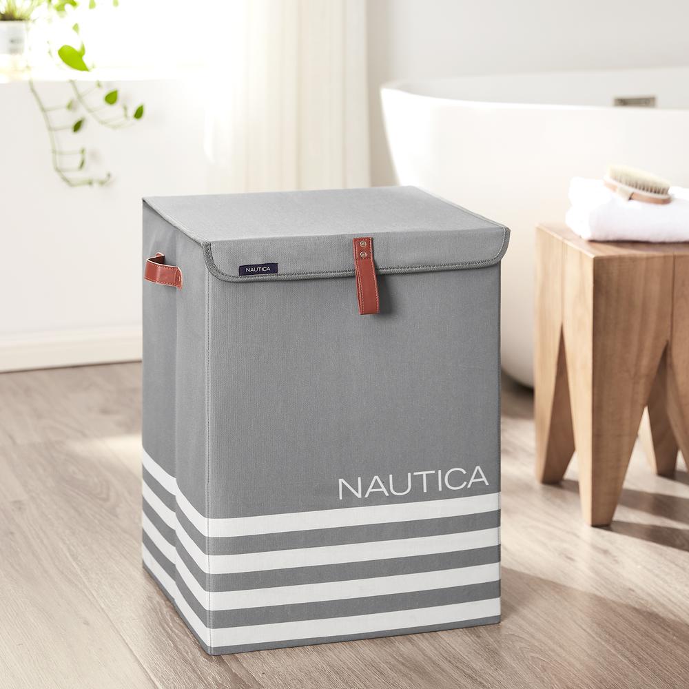 Nautica Foldable Hamper with Lid - Grey Stripe. Picture 2