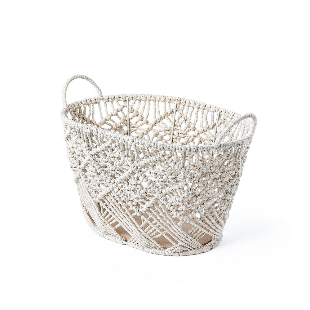 Set of Three Macrame Oval Cotton Rope Storage Bins with Ear Handles And Wood Base - White. Picture 4
