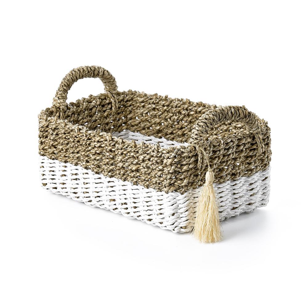 Set Of Two Large Rectangular Seagrass And Raffia Bins With Ear Handles And Single Tassel. Picture 4