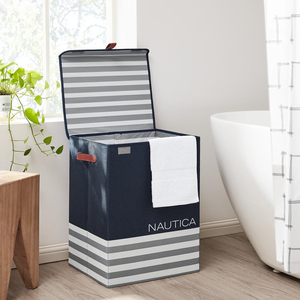 Nautica Foldable Hamper with Lid - Navy Stripe. Picture 2