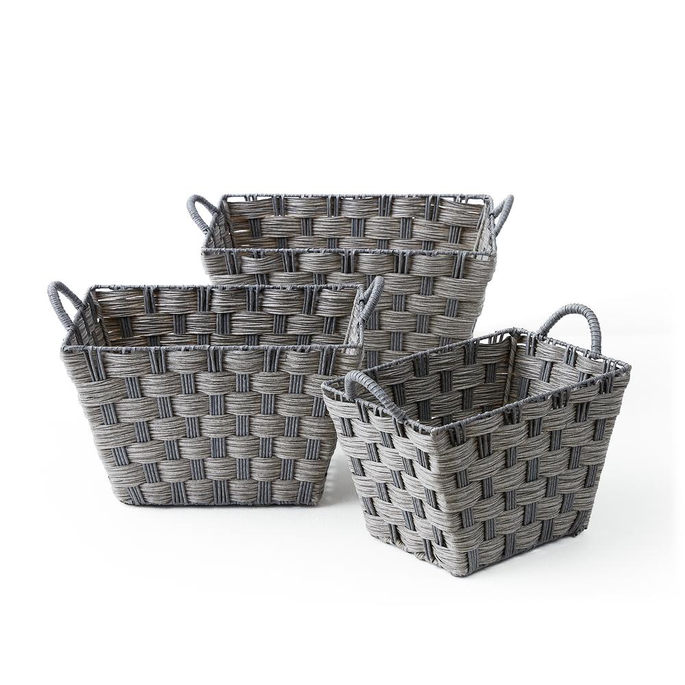 Set Of Three Rectangular Faux Wicker Storage Bins In Combo Weave Grey. Picture 1