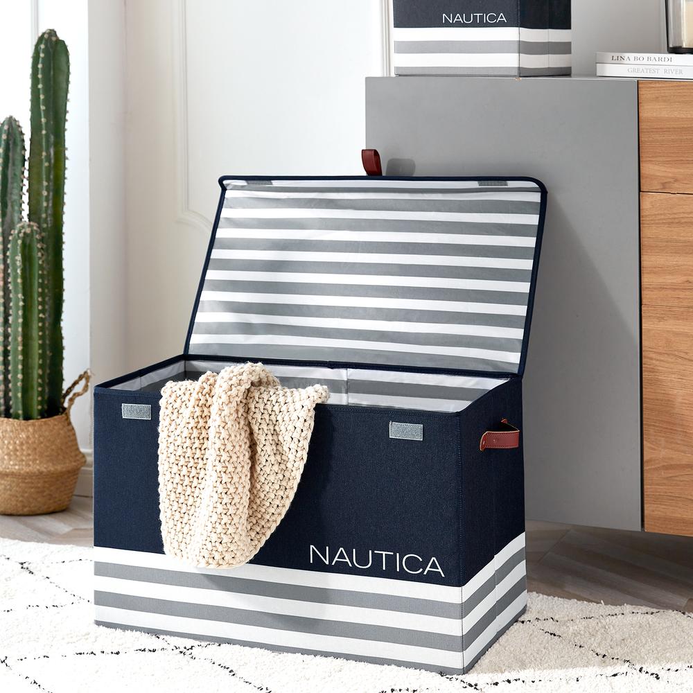 Nautica Foldable Large Storage Trunk with Lid - Navy Stripe. Picture 2