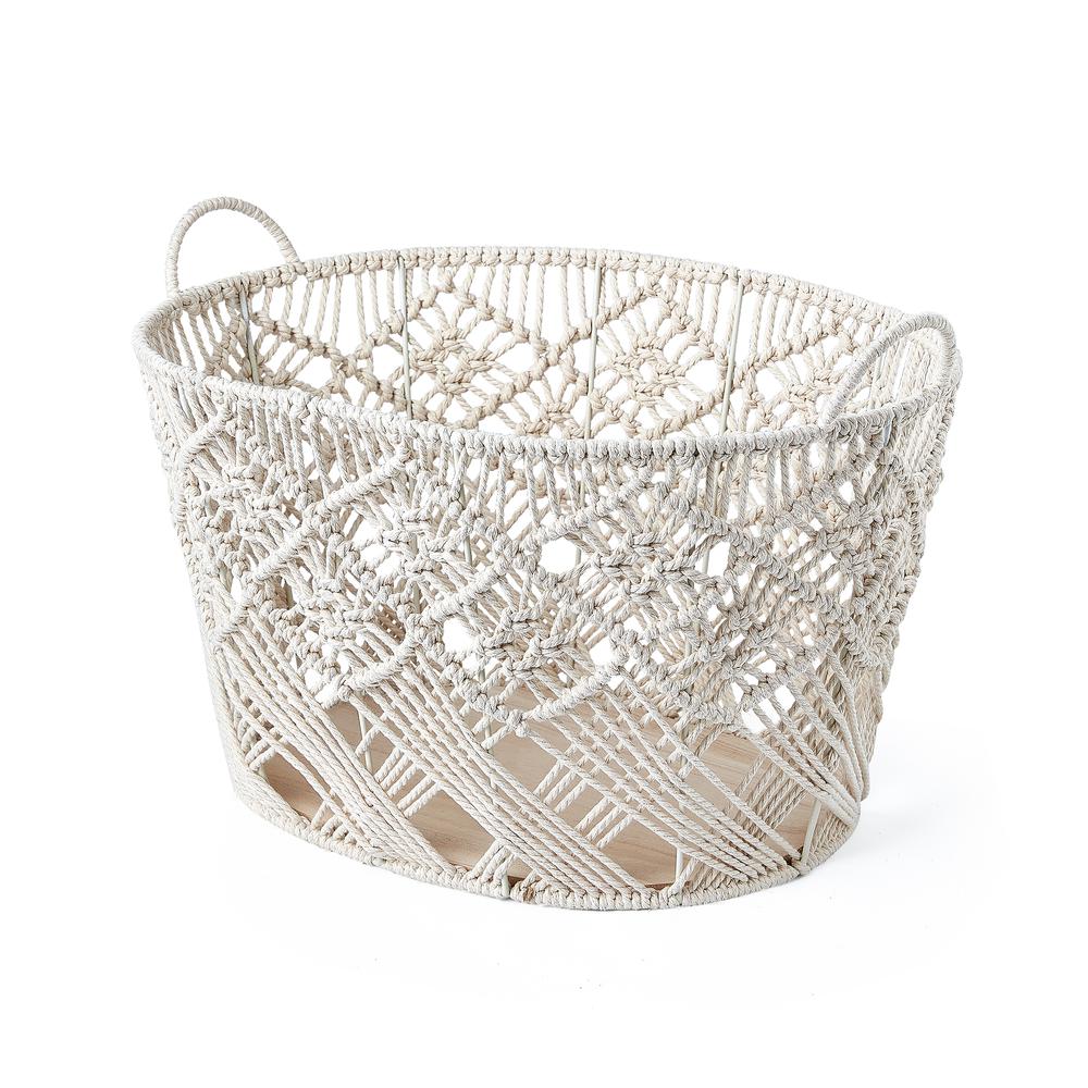 Set of Three Macrame Oval Cotton Rope Storage Bins with Ear Handles And Wood Base - White. Picture 3
