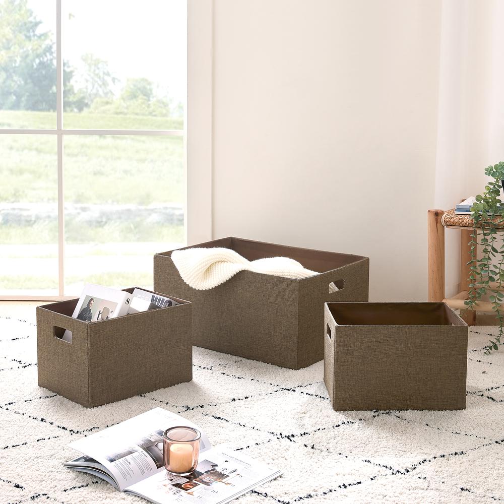 Set of Three Linnen Look Covered Cardboard Rect Storage Bins - Taupe. Picture 2