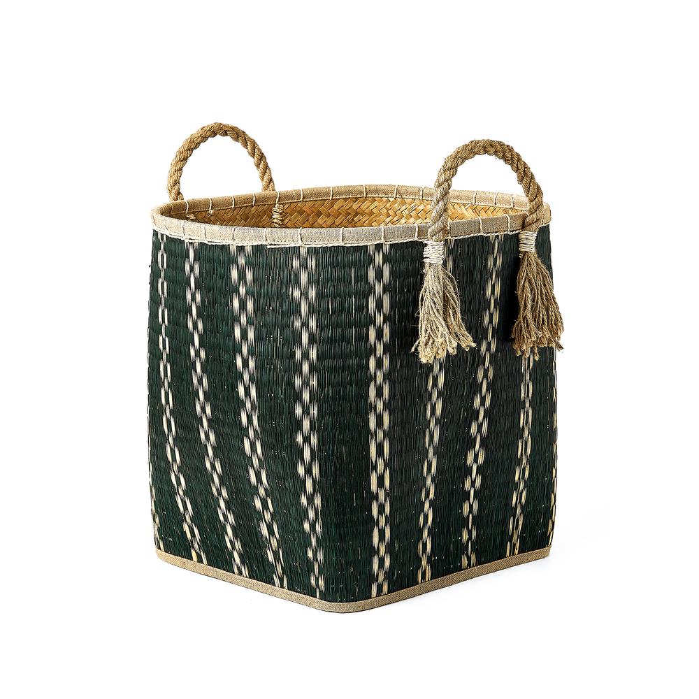 Set Of Three Round Top And Square Bottom Palm Leave Baskets With Rope Handles And Tassels. Picture 3