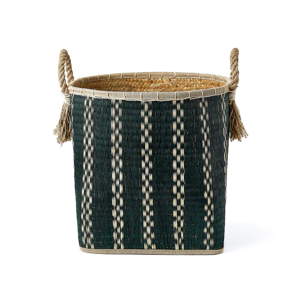 Set Of Three Round Top And Square Bottom Palm Leave Baskets With Rope Handles And Tassels. Picture 2