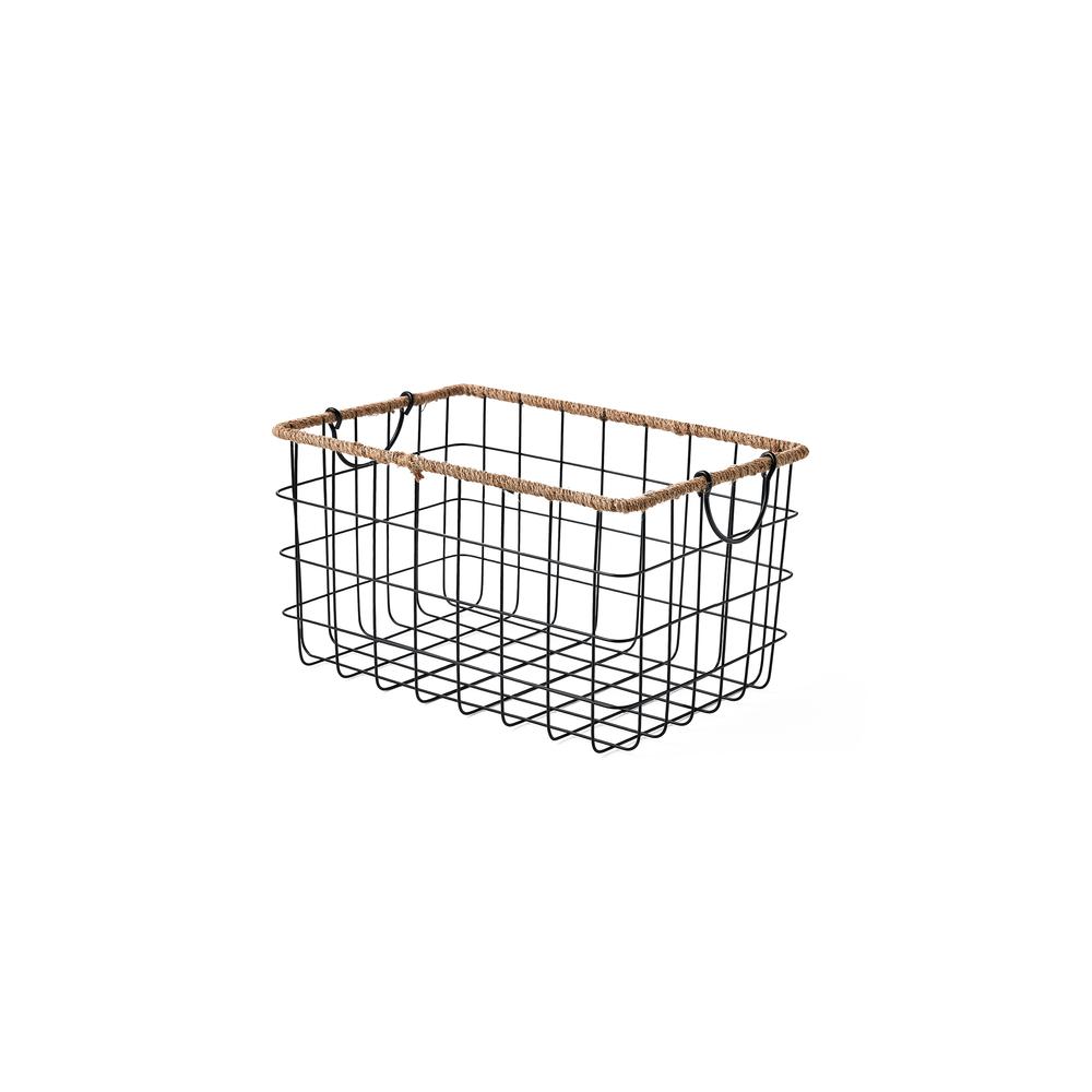 Set of Three Black Rectangular Grid Wire Baskets with Jute Rim - Fold Down Ear Handles - Black/Natural. Picture 2