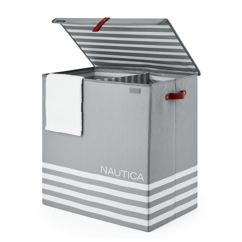Nautica Foldable Divided Hamper with Lid - Grey Stripe. Picture 1