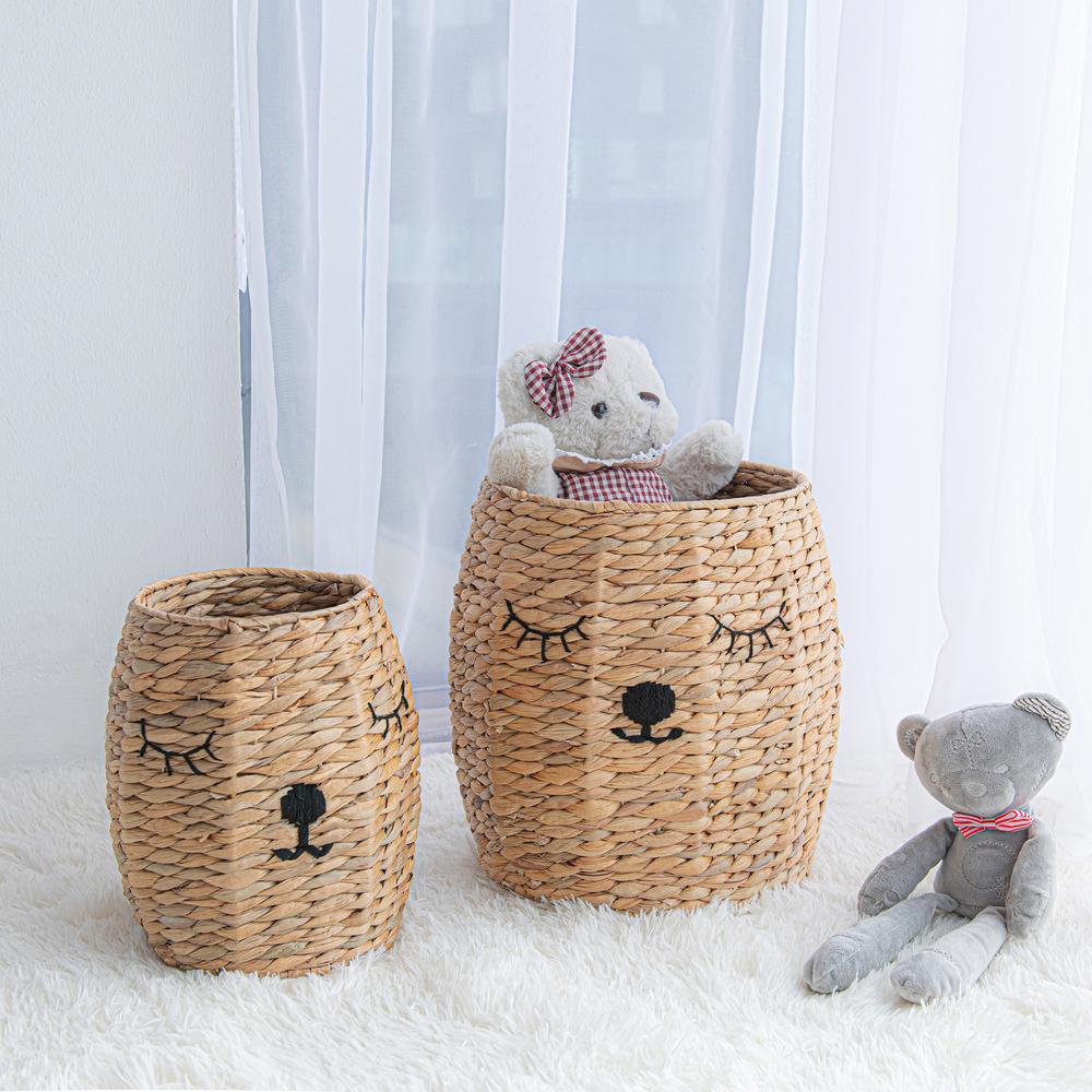Set of Two Round Bear Storage Baskets with Lid - Natural. Picture 2
