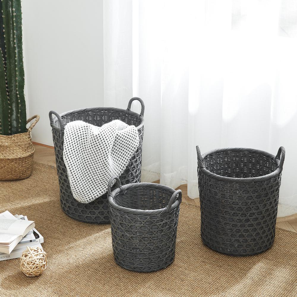 Set Of Three Round Rattan And Bamboo Caning Baskets. Picture 5