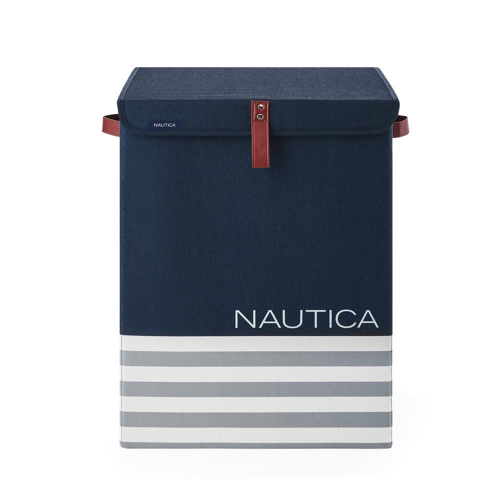 Nautica Foldable Hamper with Lid - Navy Stripe. Picture 1
