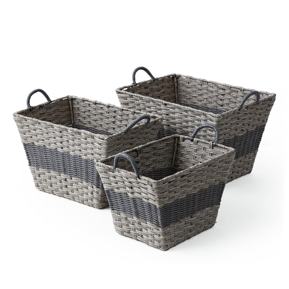 Set Of Three Rectangular Faux Wicker Storage Bins In Combo Weave with Cut Out Handles. Picture 2