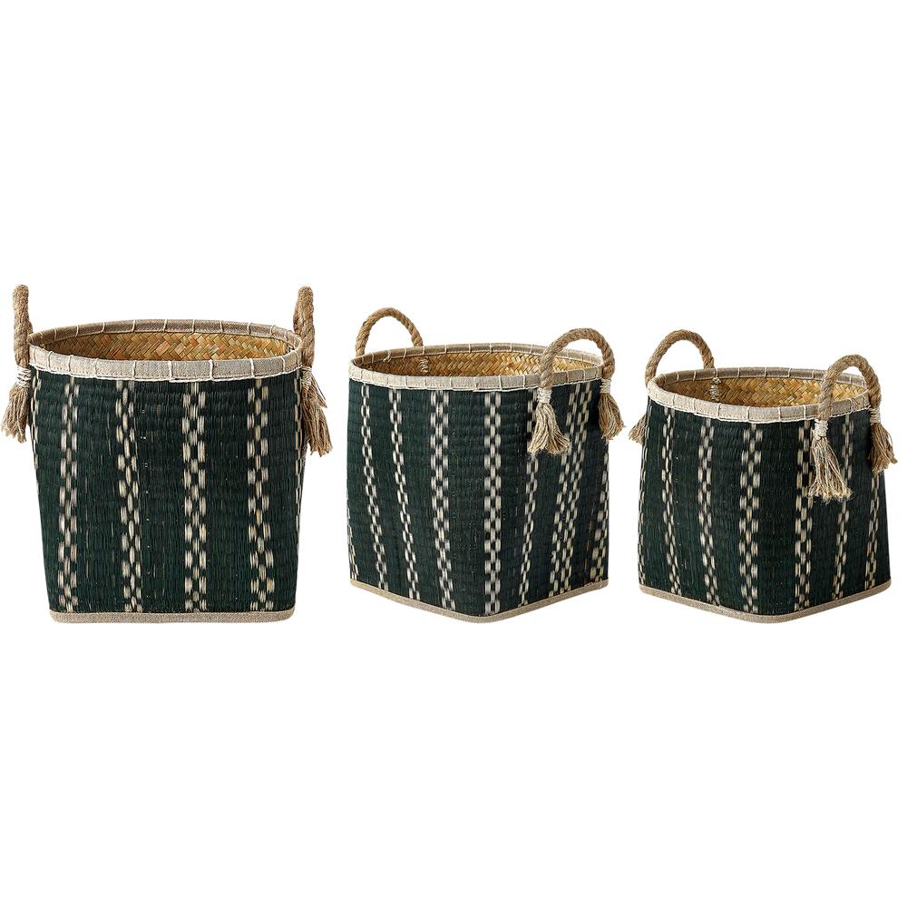 Set Of Three Round Top And Square Bottom Palm Leave Baskets With Rope Handles And Tassels. Picture 1