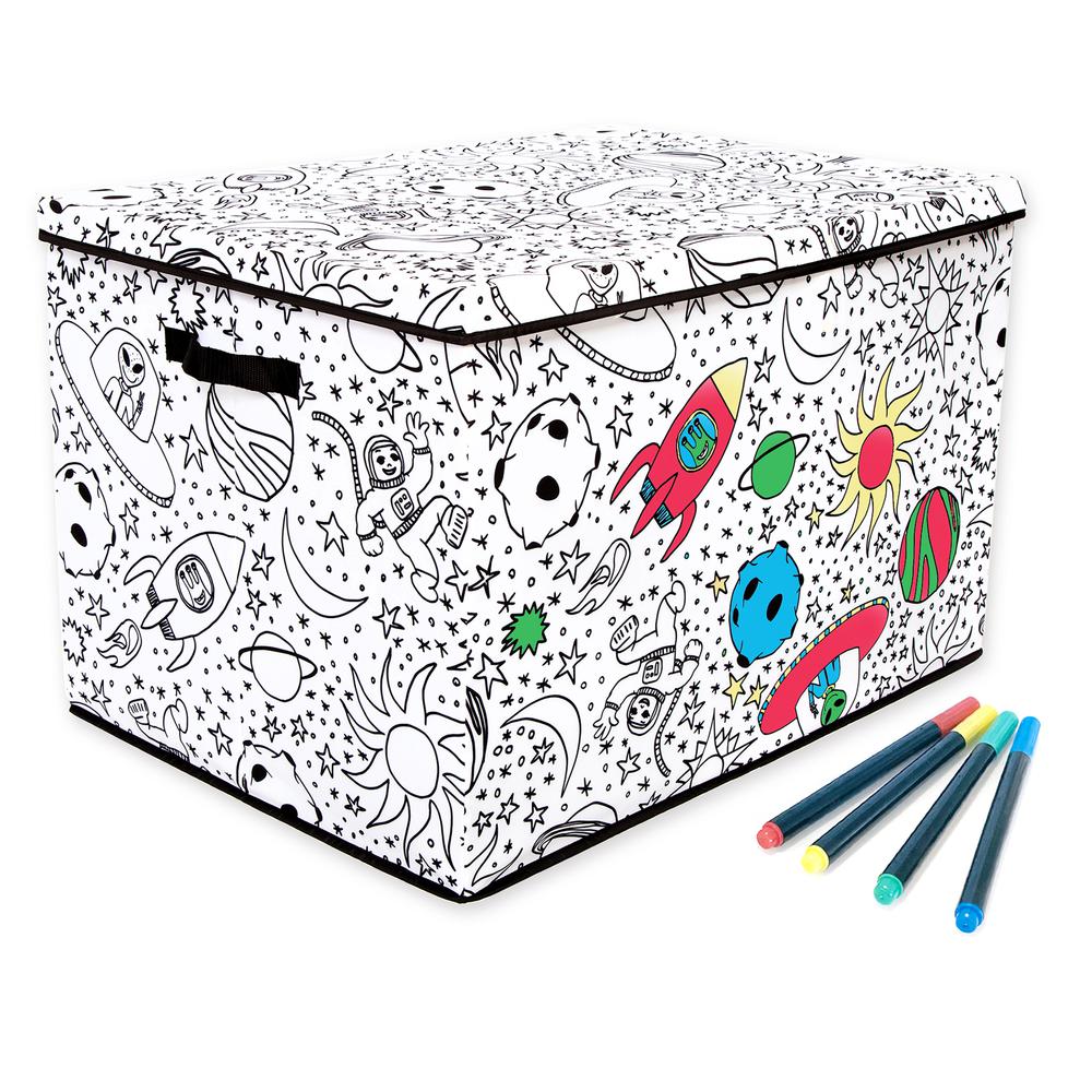 Kid's Coloring Large Trunk with Lid and Removable Divider (includes 4 Pack Of Washable Markers) - Space Print. Picture 1