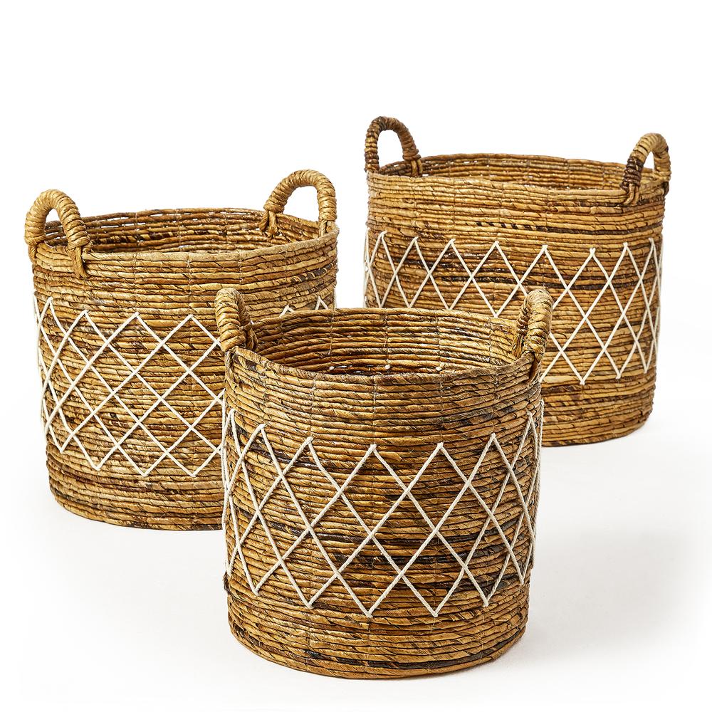 Set Of Three Round Open Banana Baskets With Ear Handles And Outside Pattern Like Image. Picture 1