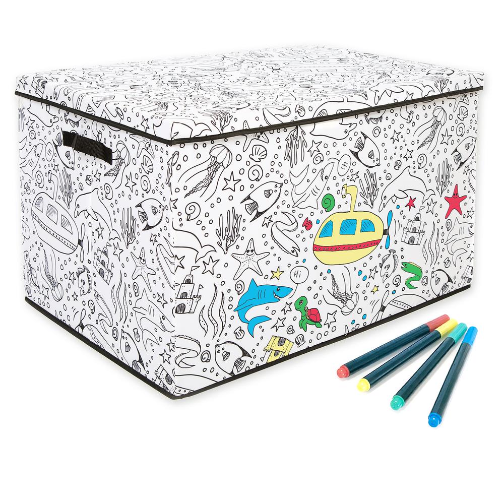 Kid's Coloring Large Trunk with Lid and Removable Divider (includes 4 Pack Of Washable Markers) - Under Sea Print. Picture 1