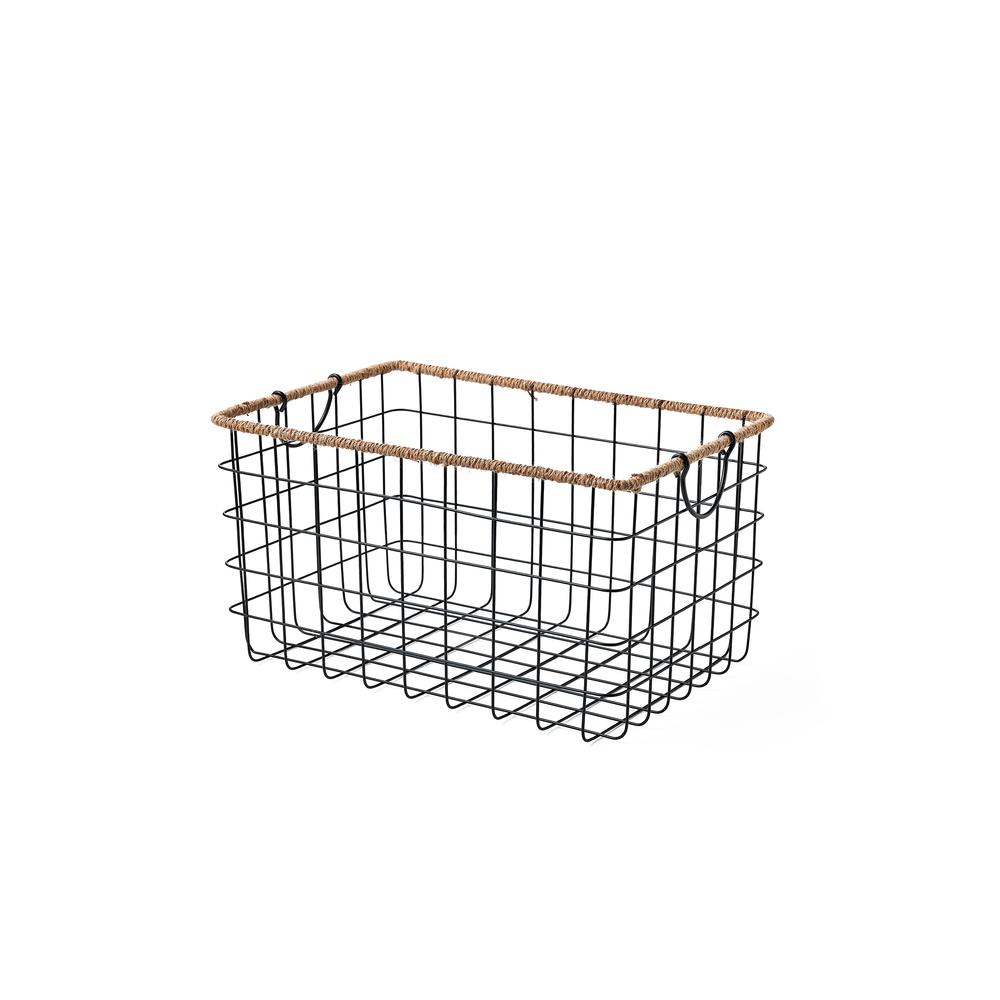 Set of Three Black Rectangular Grid Wire Baskets with Jute Rim - Fold Down Ear Handles - Black/Natural. Picture 3