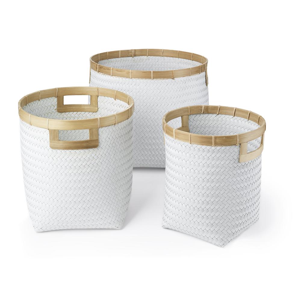 Set Of Three Round Top And Square Bottom Bamboo Baskets With Cut-Out Handles. Picture 1