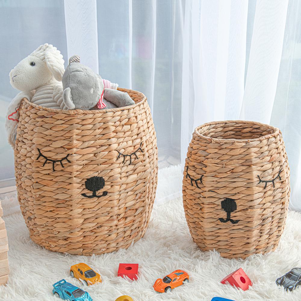 Set of Two Round Bear Storage Baskets with Lid - Natural. Picture 1