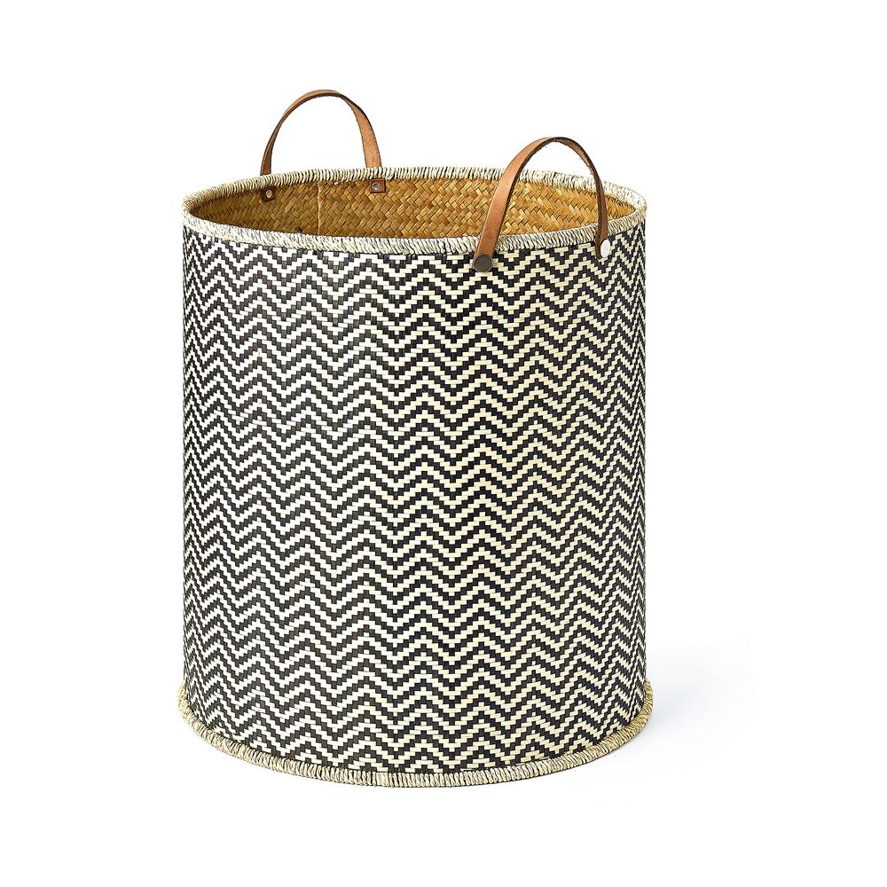Set of Three Round Palm Leaf Baskets In Black And Grey Weave with Faux Leather Handles - Grey. Picture 1