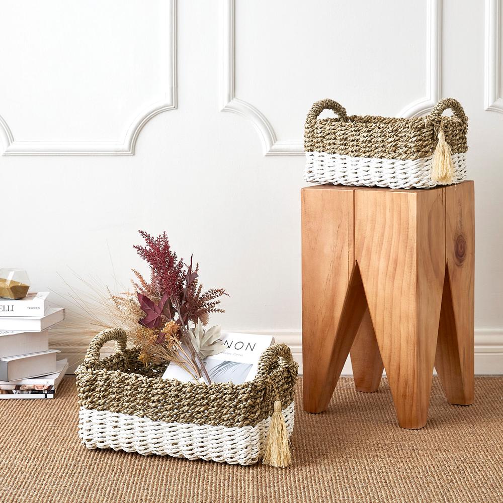 Set Of Two Large Rectangular Seagrass And Raffia Bins With Ear Handles And Single Tassel. Picture 5