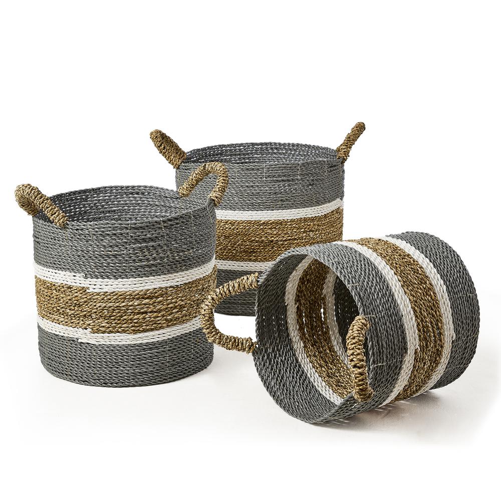 Set Of Three Round Seagrass And Raffia Baskets With Ear Handles. Picture 1