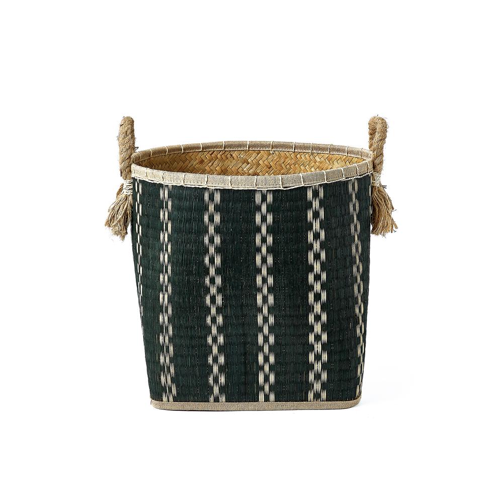 Set Of Three Round Top And Square Bottom Palm Leave Baskets With Rope Handles And Tassels. Picture 4