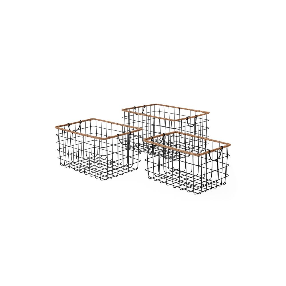 Set of Three Black Rectangular Grid Wire Baskets with Jute Rim - Fold Down Ear Handles - Black/Natural. Picture 1