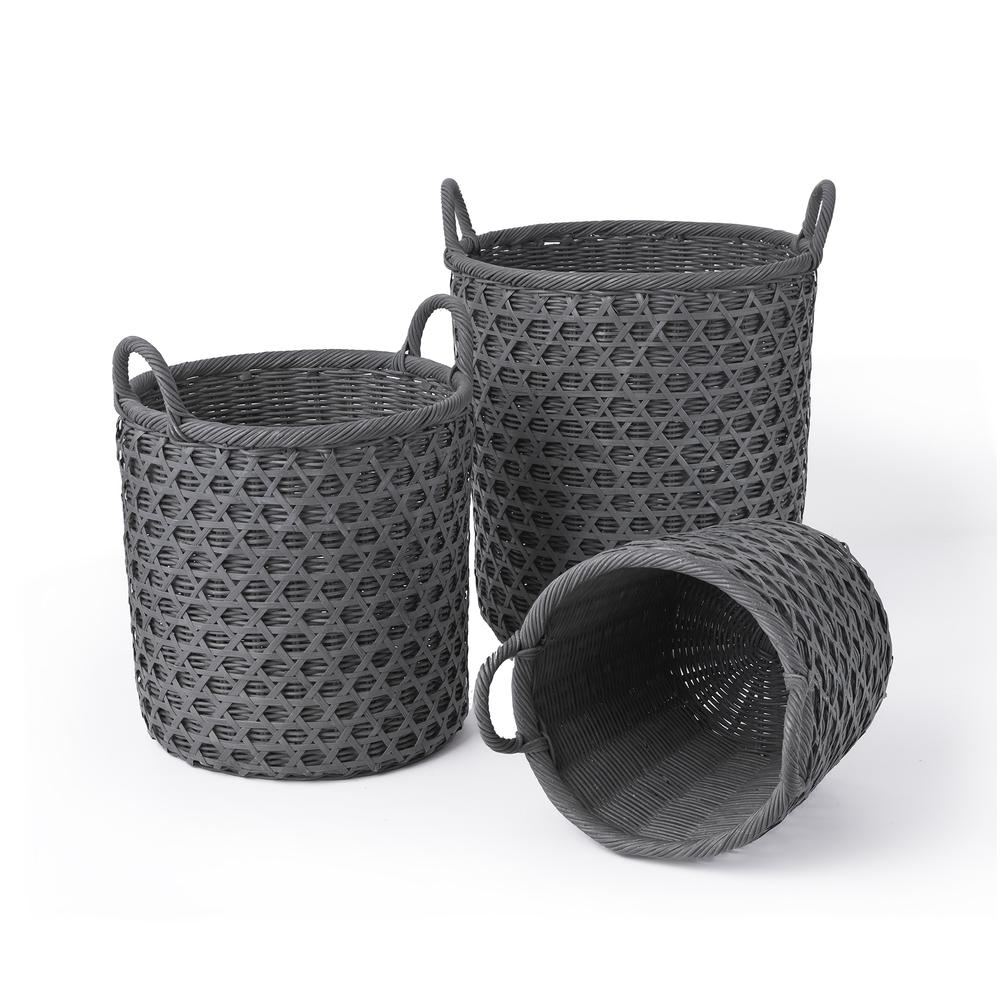Set Of Three Round Rattan And Bamboo Caning Baskets. Picture 1